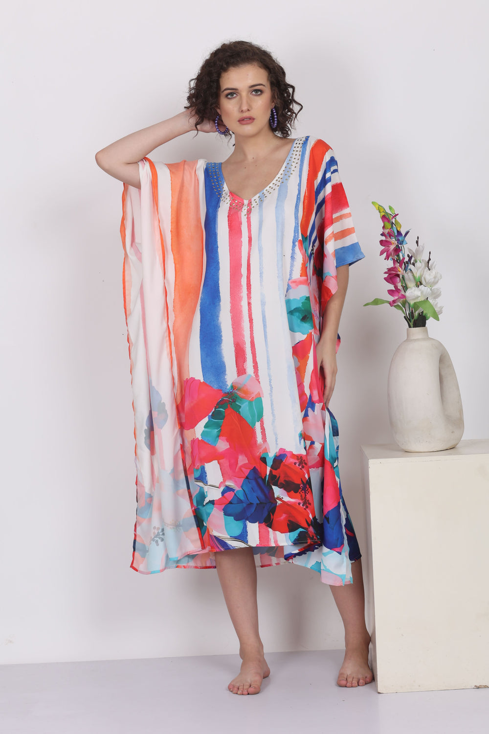 Linear Blooms – Art-Inspired Vertical Floral Kaftan