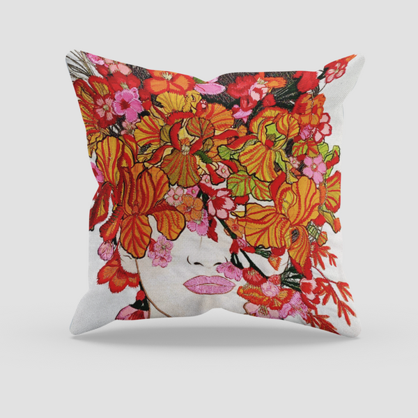 Dame Aux Fleurs Digital Printed and Embroidered Canvas Cushion