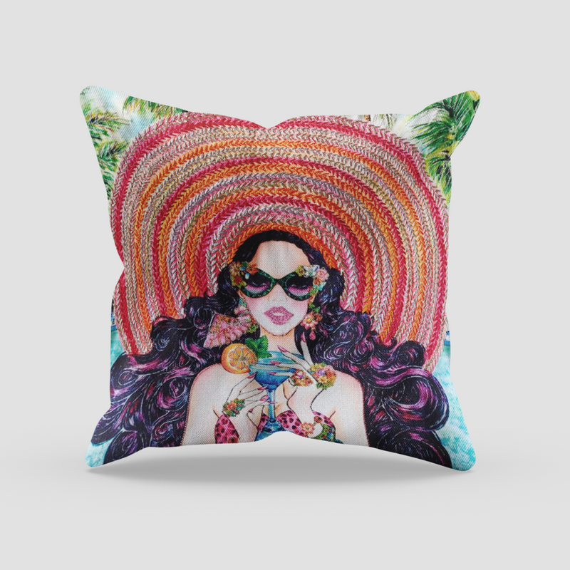 Beach Vibes Digital Printed and Embroidered Canvas Cushion