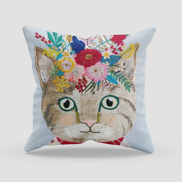 Cat And The Garden Bliss Digital Printed and Embroidered Canvas Cushion